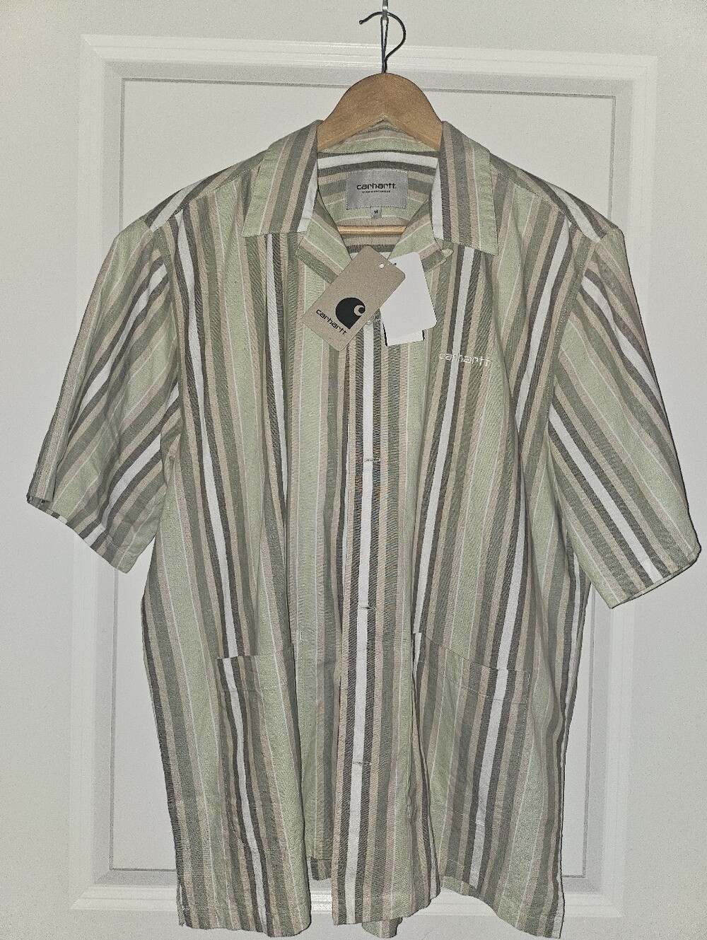 Carhartt WIP  Short Sleeve Vertical Stripe Shirt in Green, Beige, White NWT